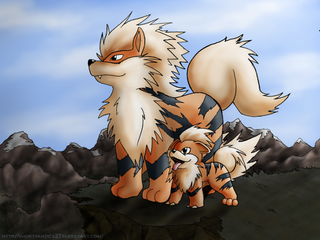 The Blazing Enigma Gym Leader, Blaine Growlithe_and_arcanine_stand_next_to_each_other_atop_mountain