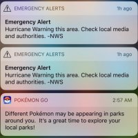 Pokémon GO exploration notice appears alongside emergency alerts for Hurricane Irma