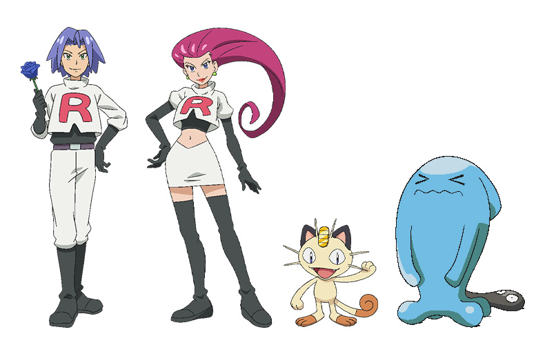 Official artwork for Team Rocket members James, Jessie, Meowth and Wobbuffe...